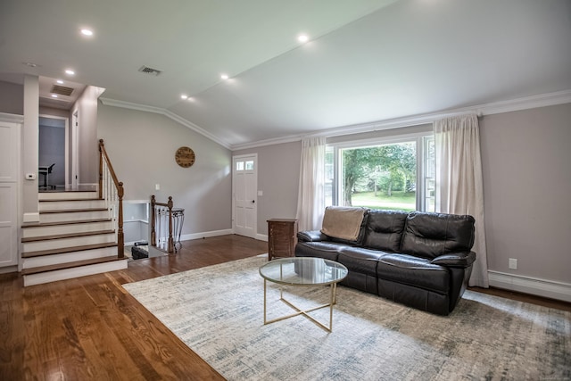 7 Derenthal Dr, Madison, CT 06443 - living area featuring a baseboard radiator, ornamental molding, wood finished floors, lofted ceiling, and stairs