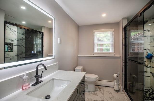 7 Derenthal Dr, Madison, CT 06443 - bathroom with marble finish flooring, vanity, recessed lighting, and a marble finish shower