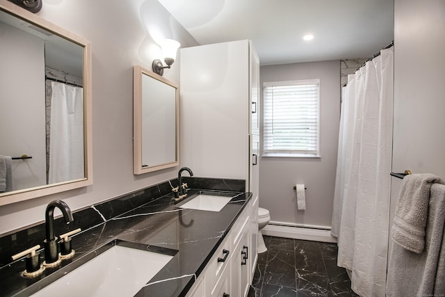 7 Derenthal Dr, Madison, CT 06443 - bathroom featuring a baseboard heating unit, marble finish flooring, double vanity, recessed lighting, and a shower with curtain