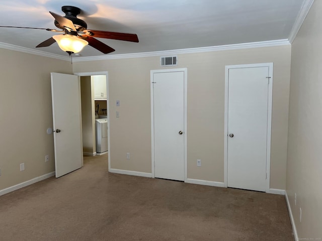 29 Van Buren Ave Unit H7, Norwalk, CT 06850 - unfurnished bedroom featuring ornamental molding, light carpet, multiple closets, washer / clothes dryer, and a ceiling fan
