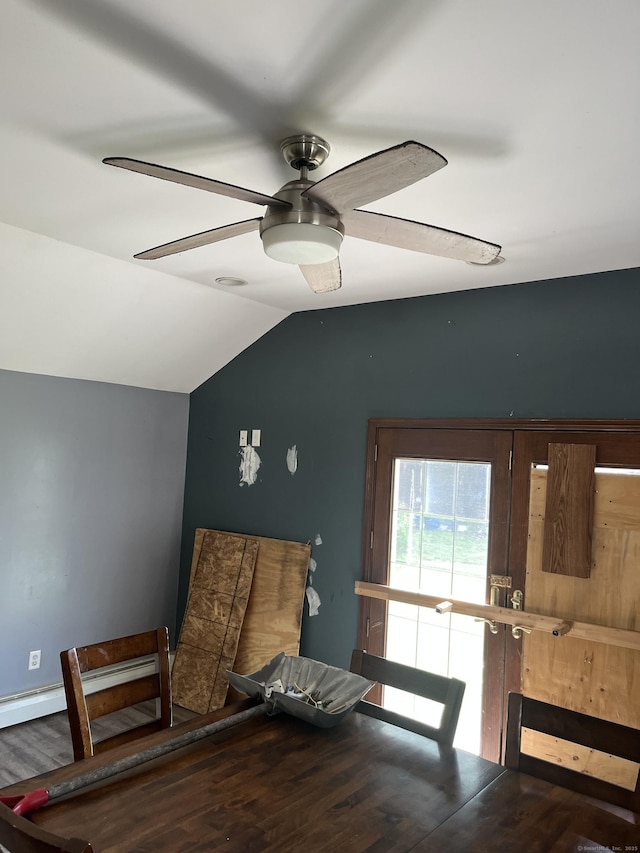 81 Cornwall Dr, Windsor Locks, CT 06096 - dining space featuring wood finished floors, vaulted ceiling, and ceiling fan