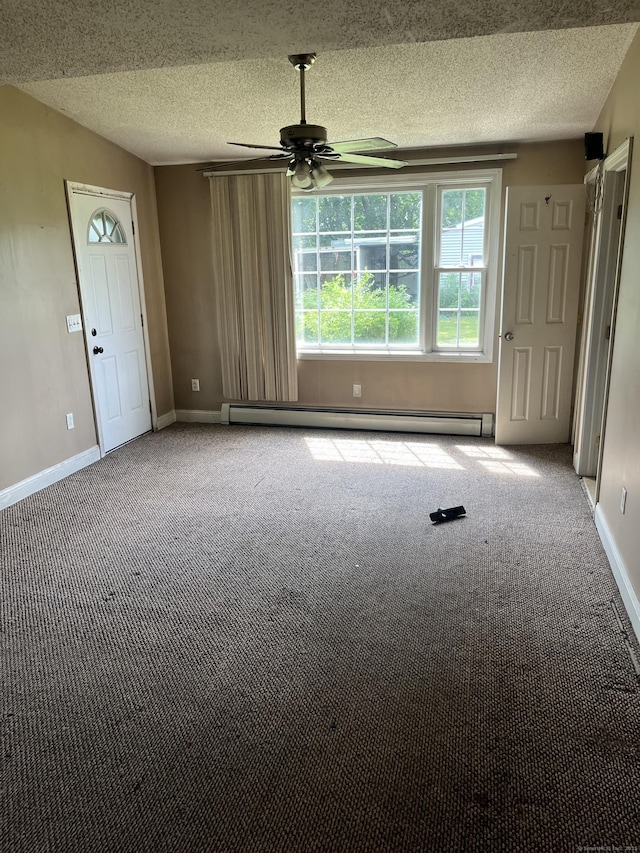 81 Cornwall Dr, Windsor Locks, CT 06096 - empty room with a baseboard heating unit, ceiling fan, carpet floors, and a textured ceiling