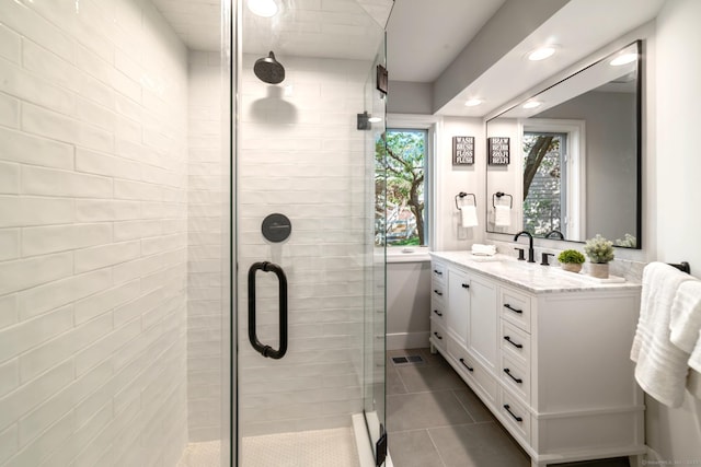 12 Boulevard Dr Unit 27-157, Danbury, CT 06810 - full bathroom with vanity, a stall shower, tile patterned flooring, and recessed lighting