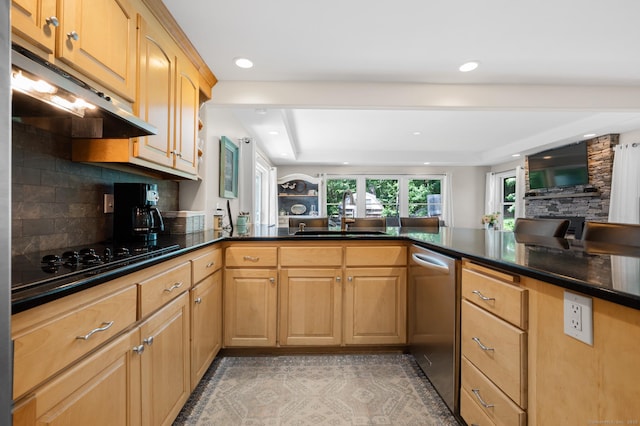117 Woodfield Rd, Bristol, CT 06010 - kitchen with dishwasher, black stovetop, under cabinet range hood, backsplash, and light brown cabinetry