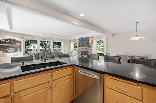 117 Woodfield Rd, Bristol, CT 06010 - kitchen with stainless steel dishwasher, open floor plan, dark countertops, and recessed lighting
