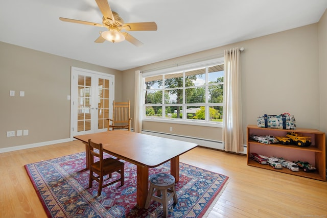 117 Woodfield Rd, Bristol, CT 06010 - dining room featuring baseboard heating, french doors, wood-type flooring, and a ceiling fan