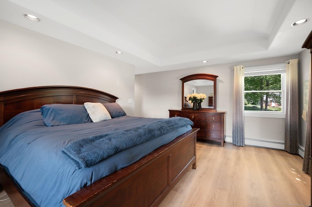 117 Woodfield Rd, Bristol, CT 06010 - bedroom featuring a raised ceiling, light wood finished floors, baseboard heating, recessed lighting, and a baseboard radiator