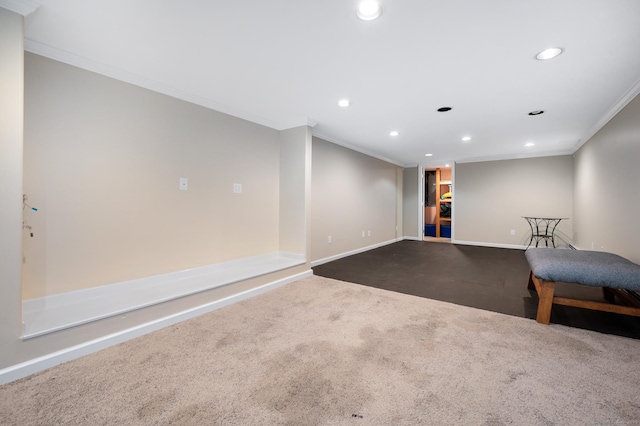 117 Woodfield Rd, Bristol, CT 06010 - below grade area with ornamental molding, recessed lighting, and dark carpet