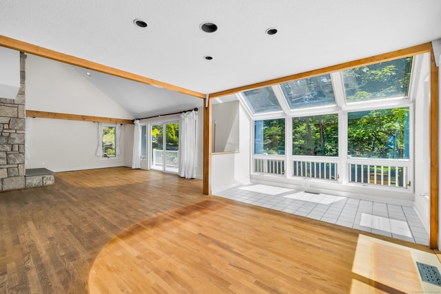 11 Island Bay Cir, Guilford, CT 06437 - unfurnished living room with wood finished floors, vaulted ceiling, and recessed lighting