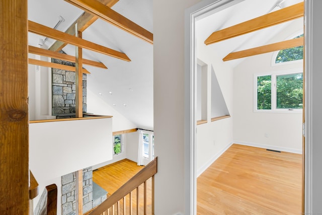 11 Island Bay Cir, Guilford, CT 06437 - corridor featuring beamed ceiling, wood finished floors, and high vaulted ceiling