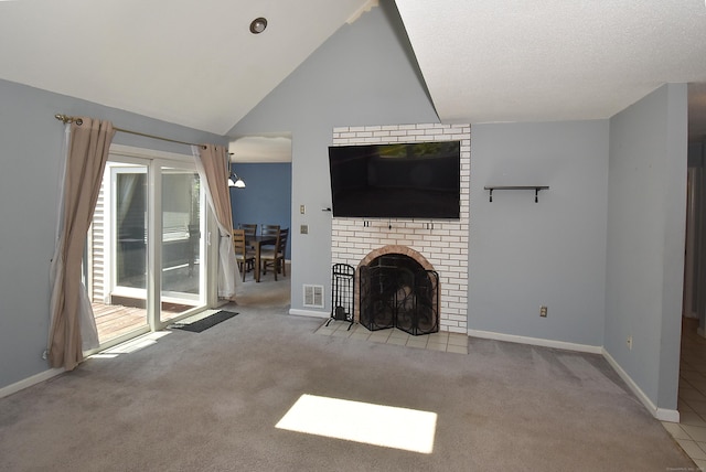 11 Thistle Way Apt D, East Windsor, CT 06016 - unfurnished living room featuring carpet flooring, a brick fireplace, and lofted ceiling