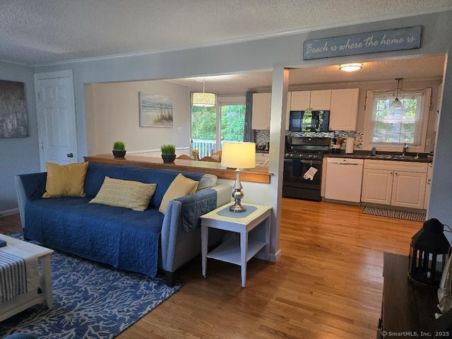 60 Spring Glen Rd, East Lyme, CT 06357 - living room with a textured ceiling, light wood finished floors, and ornamental molding