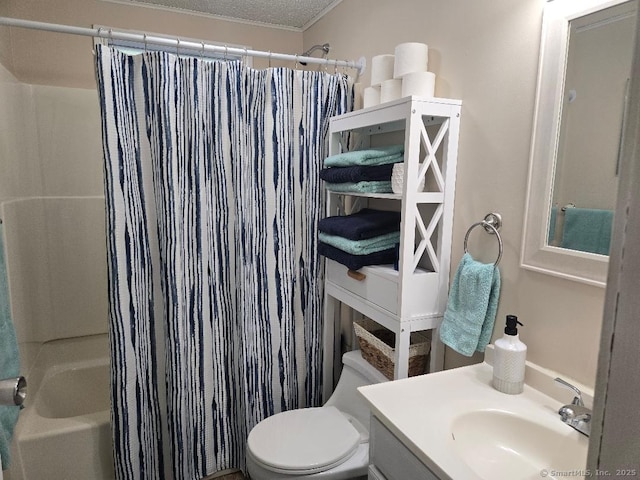 60 Spring Glen Rd, East Lyme, CT 06357 - bathroom featuring shower / tub combo with curtain, vanity, crown molding, and a textured ceiling
