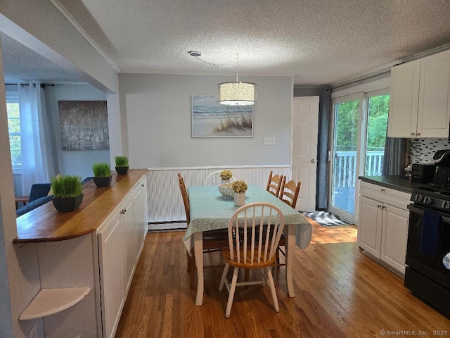 60 Spring Glen Rd, East Lyme, CT 06357 - dining space with a baseboard heating unit, wood finished floors, a textured ceiling, and wainscoting