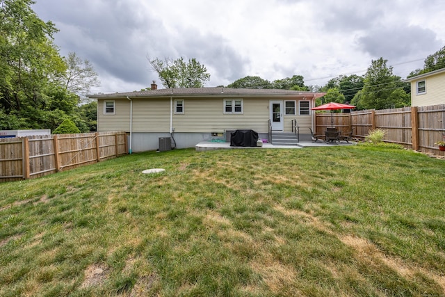 45 Summit Rd, Prospect, CT 06712 - rear view of house with entry steps, a fenced backyard, a patio area, and a chimney