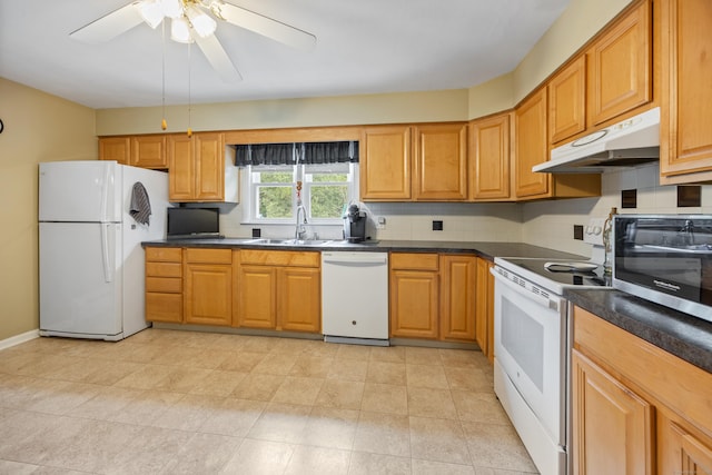 45 Summit Rd, Prospect, CT 06712 - kitchen with white appliances, under cabinet range hood, dark countertops, and ceiling fan