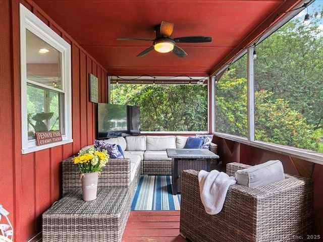964 Red Fox Rd, Orange, CT 06477 - wooden terrace featuring ceiling fan and an outdoor living space