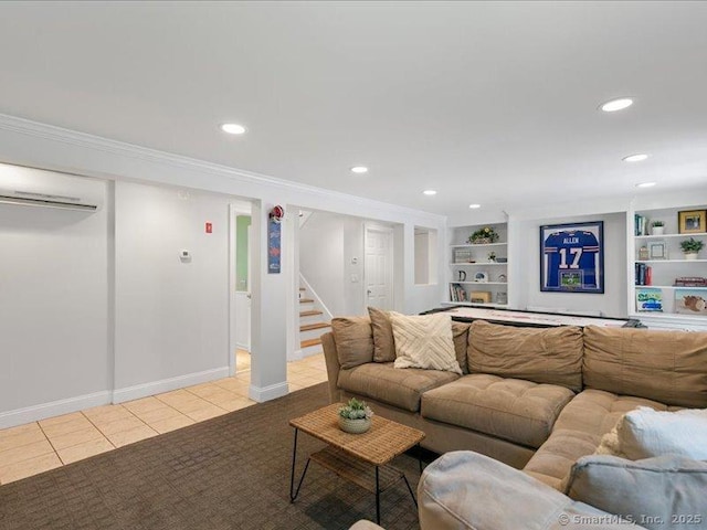 964 Red Fox Rd, Orange, CT 06477 - living area with a wall mounted air conditioner, stairway, light tile patterned floors, recessed lighting, and built in features