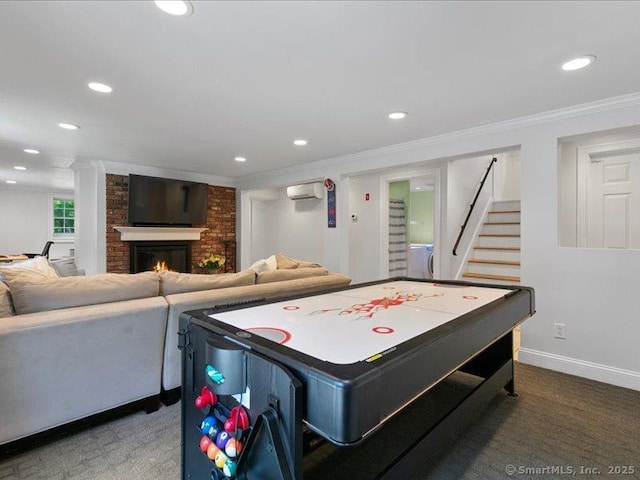 964 Red Fox Rd, Orange, CT 06477 - recreation room featuring crown molding, recessed lighting, carpet floors, a fireplace, and a wall mounted air conditioner