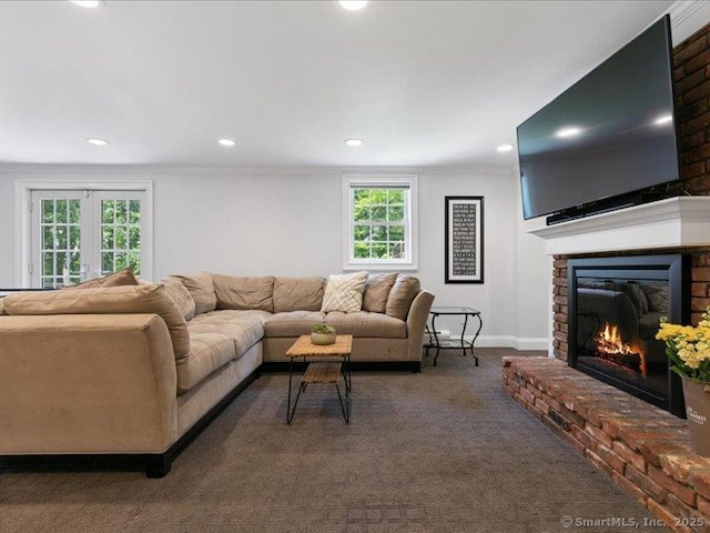 964 Red Fox Rd, Orange, CT 06477 - living room featuring a fireplace, carpet flooring, crown molding, and recessed lighting