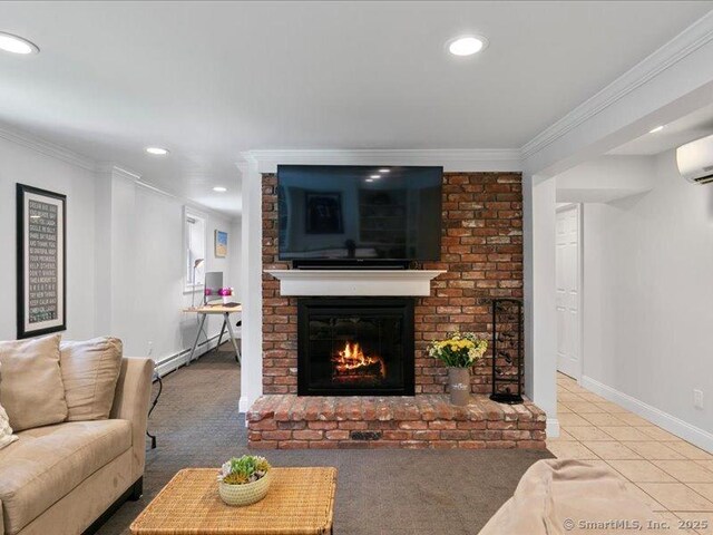 964 Red Fox Rd, Orange, CT 06477 - carpeted living room with recessed lighting, a brick fireplace, ornamental molding, a wall unit AC, and baseboard heating