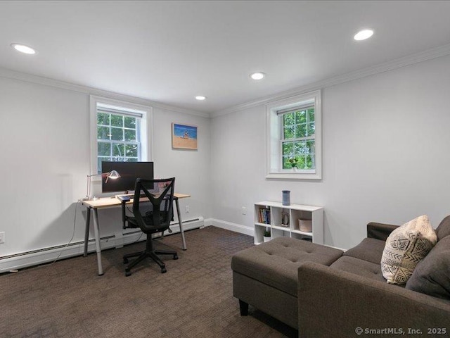 964 Red Fox Rd, Orange, CT 06477 - home office with healthy amount of natural light, dark colored carpet, recessed lighting, a baseboard heating unit, and crown molding