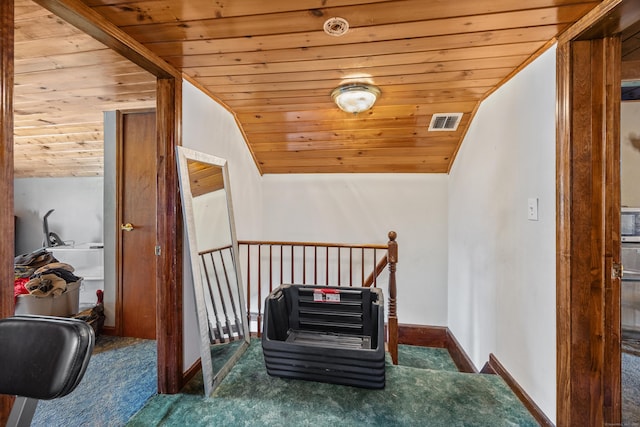 141 Peach Orchard Rd, Waterbury, CT 06706 - stairway with wooden ceiling, lofted ceiling, and carpet flooring