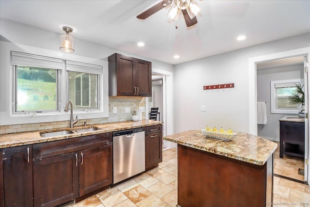 857 Marion Rd, Cheshire, CT 06410 - kitchen featuring dishwasher, stone tile flooring, ceiling fan, light stone counters, and recessed lighting