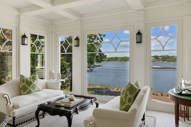 31 Contentment Island Rd, Darien, CT 06820 - sunroom / solarium with a decorative wall, beam ceiling, coffered ceiling, and a water view
