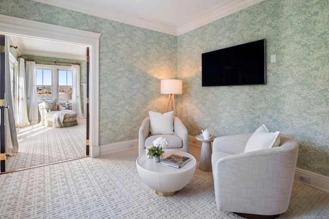31 Contentment Island Rd, Darien, CT 06820 - living area with ornamental molding and wallpapered walls