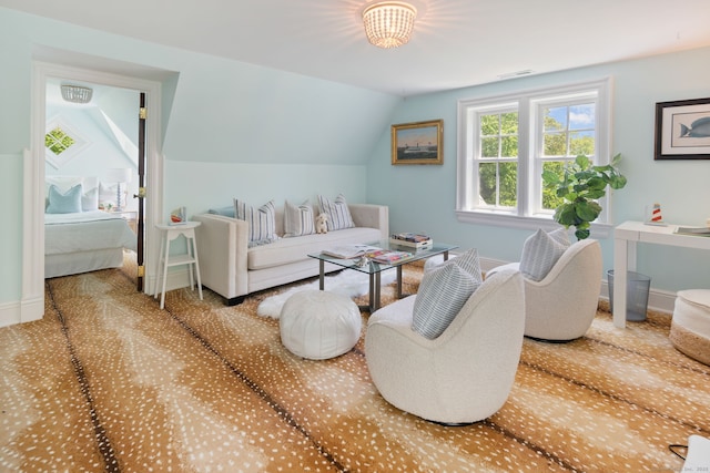 31 Contentment Island Rd, Darien, CT 06820 - carpeted living area featuring lofted ceiling and baseboards