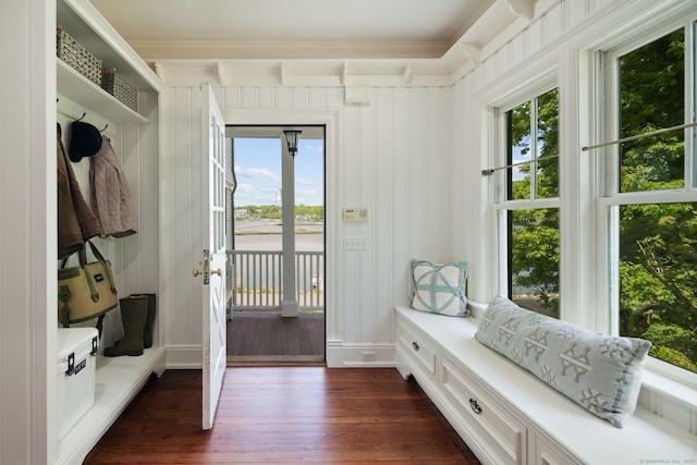 31 Contentment Island Rd, Darien, CT 06820 - mudroom with dark wood finished floors, healthy amount of natural light, ornamental molding, and a decorative wall