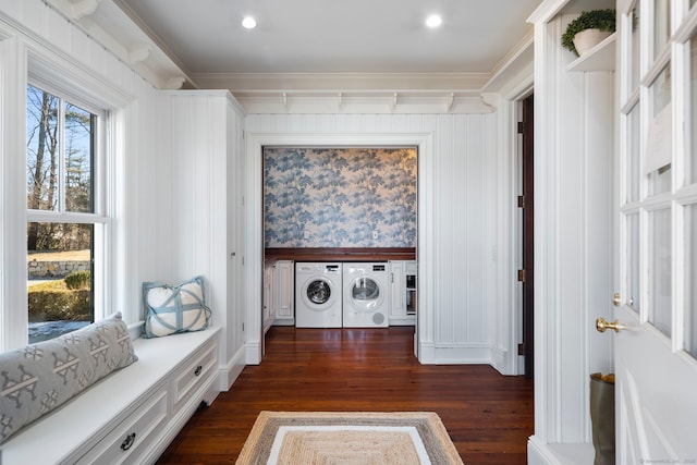 31 Contentment Island Rd, Darien, CT 06820 - washroom with separate washer and dryer, dark wood-type flooring, and ornamental molding