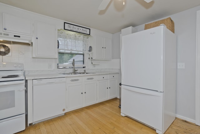 33 Old King St, Enfield, CT 06082 - kitchen with white appliances, under cabinet range hood, a ceiling fan, white cabinetry, and light countertops