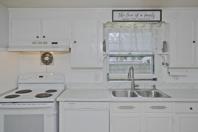 33 Old King St, Enfield, CT 06082 - kitchen featuring white appliances, exhaust hood, white cabinets, and backsplash