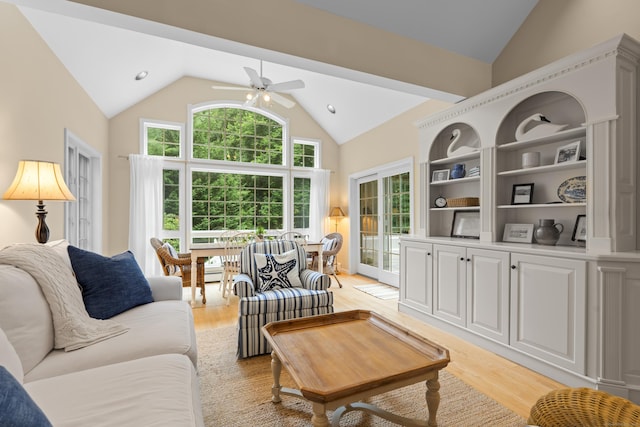 2 Applewood Cmn, East Lyme, CT 06333 - living area featuring light wood-style flooring, a ceiling fan, and high vaulted ceiling