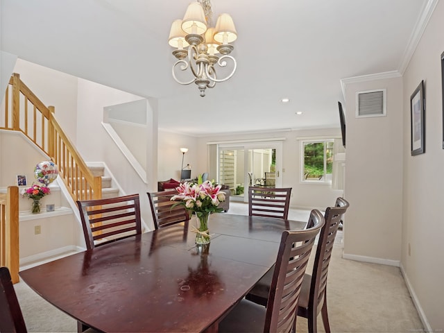 11 Boulevard Dr Unit 10-44, Danbury, CT 06810 - dining area with stairs, a chandelier, crown molding, recessed lighting, and carpet floors