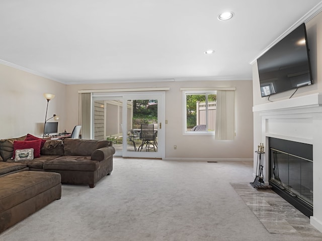 11 Boulevard Dr Unit 10-44, Danbury, CT 06810 - living room with carpet flooring, crown molding, a fireplace with flush hearth, and recessed lighting