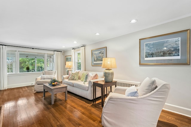 39 Campbell Rd, Fairfield, CT 06824 - living room with dark wood-style flooring, crown molding, and recessed lighting