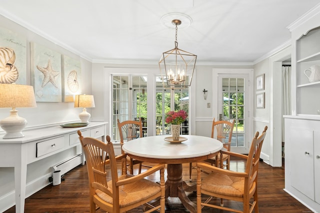39 Campbell Rd, Fairfield, CT 06824 - dining space featuring dark wood-style flooring, a chandelier, and crown molding