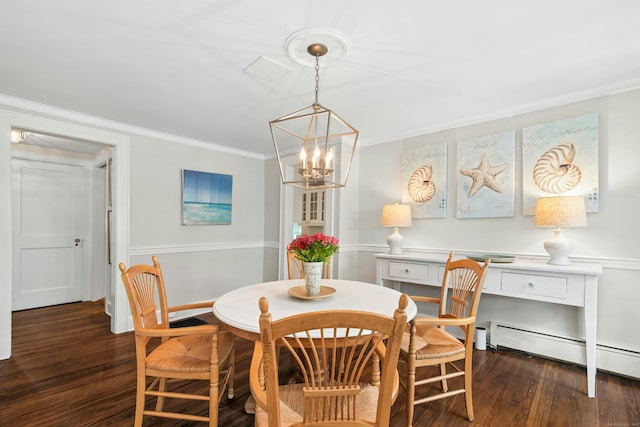 39 Campbell Rd, Fairfield, CT 06824 - dining room featuring a baseboard radiator, crown molding, hardwood / wood-style flooring, and a chandelier