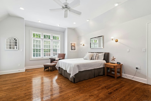 39 Campbell Rd, Fairfield, CT 06824 - bedroom with vaulted ceiling, wood finished floors, a ceiling fan, and recessed lighting