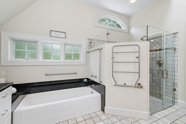 39 Campbell Rd, Fairfield, CT 06824 - bathroom featuring a garden tub, a shower stall, tile patterned flooring, lofted ceiling, and vanity