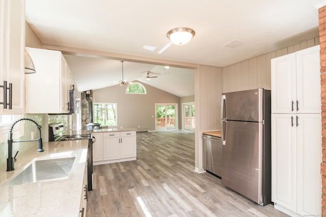 63 Rose Haven Rd, Somers, CT 06071 - kitchen featuring stainless steel appliances, ceiling fan, white cabinetry, open floor plan, and light wood-style floors