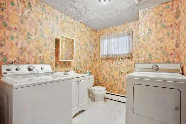 41 White Birch Dr, Trumbull, CT 06611 - washroom featuring a baseboard radiator, washing machine and clothes dryer, wallpapered walls, and a textured ceiling