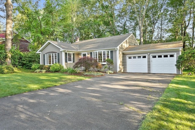 41 White Birch Dr, Trumbull, CT 06611 - ranch-style home with driveway, a garage, a front lawn, and a chimney
