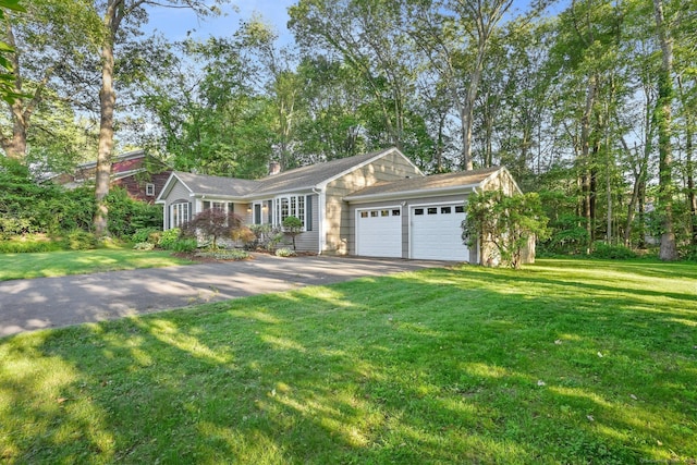41 White Birch Dr, Trumbull, CT 06611 - ranch-style house with a garage, driveway, a front lawn, and a chimney