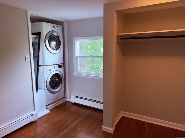 49 Soundview Ave Unit 49, Stamford, CT 06606 - laundry room with a baseboard heating unit, stacked washing machine and dryer, and dark wood-style floors