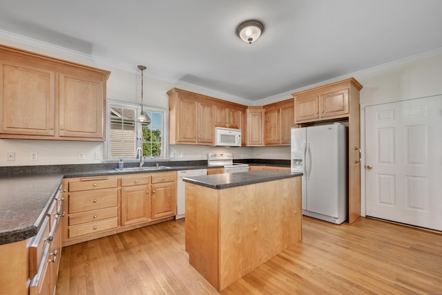 71 Lavender Ln Unit 71, South Windsor, CT 06074 - kitchen with white appliances, light wood-style floors, a kitchen island, crown molding, and decorative light fixtures