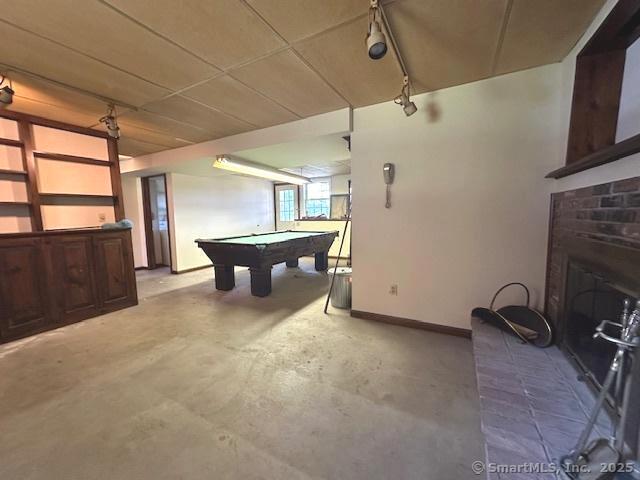 15 Bargate Rd, Clinton, CT 06413 - recreation room with pool table, concrete floors, and a fireplace